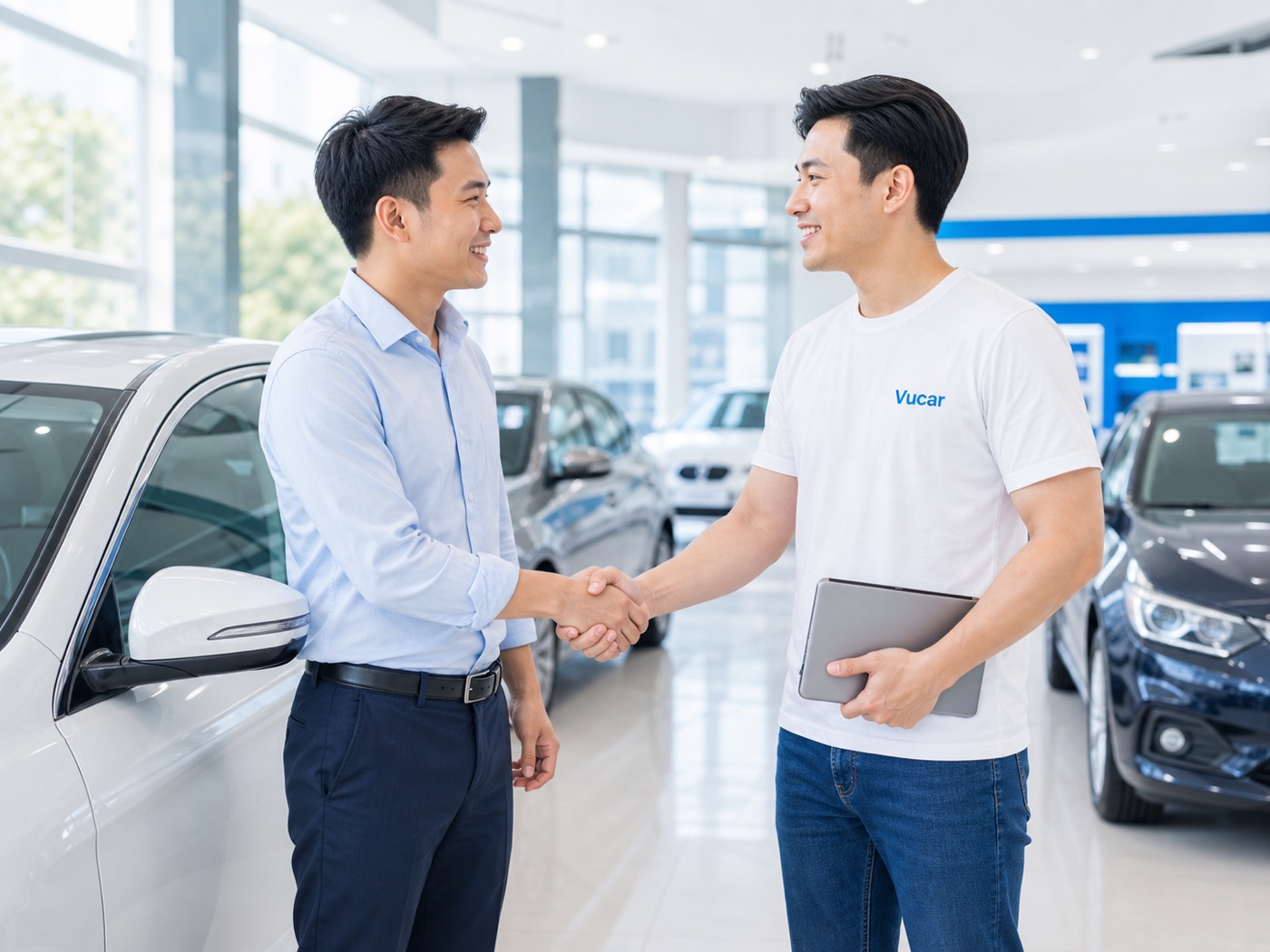 Đại lý bắt tay đại diện Vucar mặc áo thun trắng trong showroom xe cũ